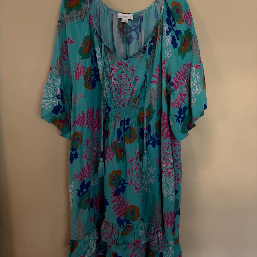 Loralette Turquoise  Pink Floral Dress Sz 14 Flowy Flattering Tropical Hi Lo
